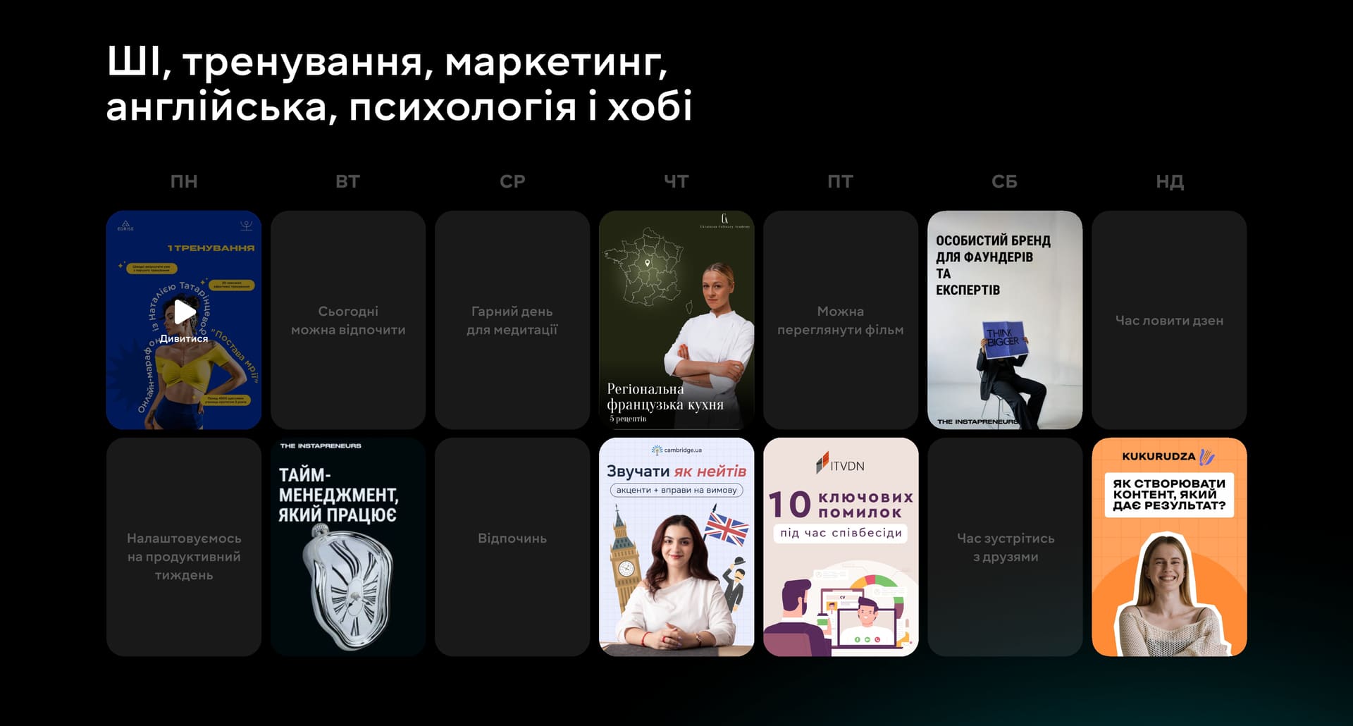 ШІ, тренування, маркетинг, англійська, психологія і хобі